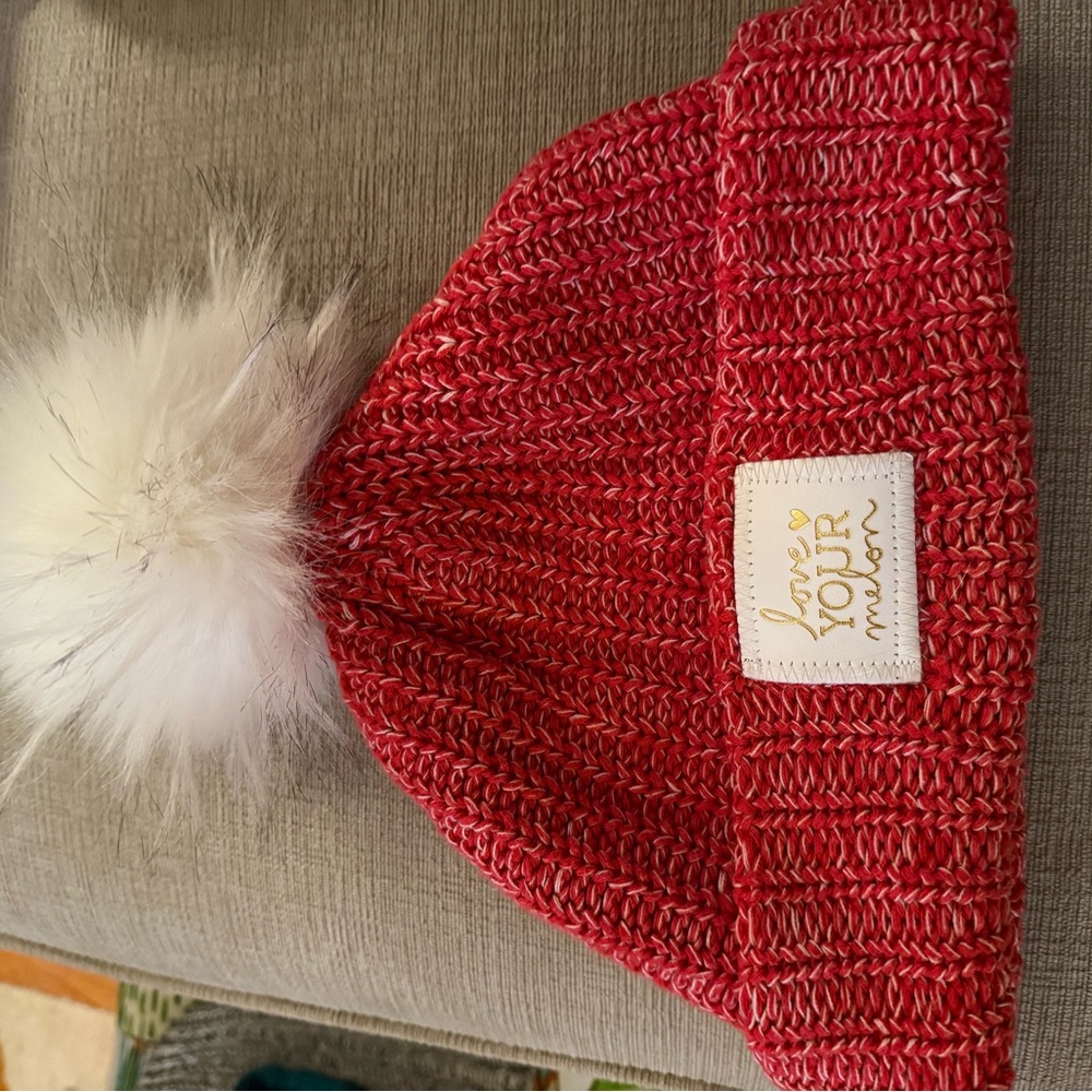 Love Your Melon Red  Beanie with White Pom-Pom